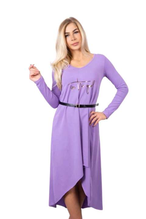 Рокля с декоративна лента и надпис, лилава, универсални размери