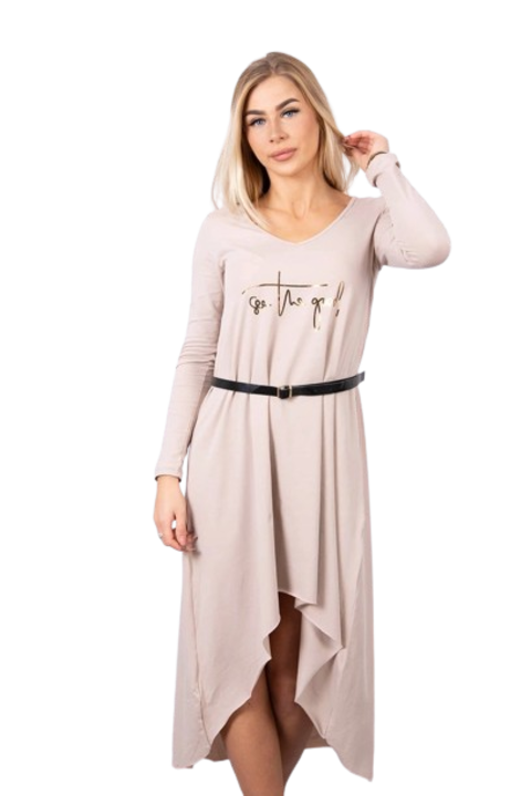 Рокля с декоративна лента и надпис, бежова, универсални размери