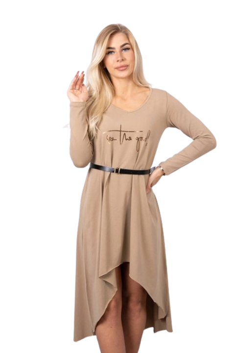 Рокля с декоративна лента и надпис, камел, универсални размери