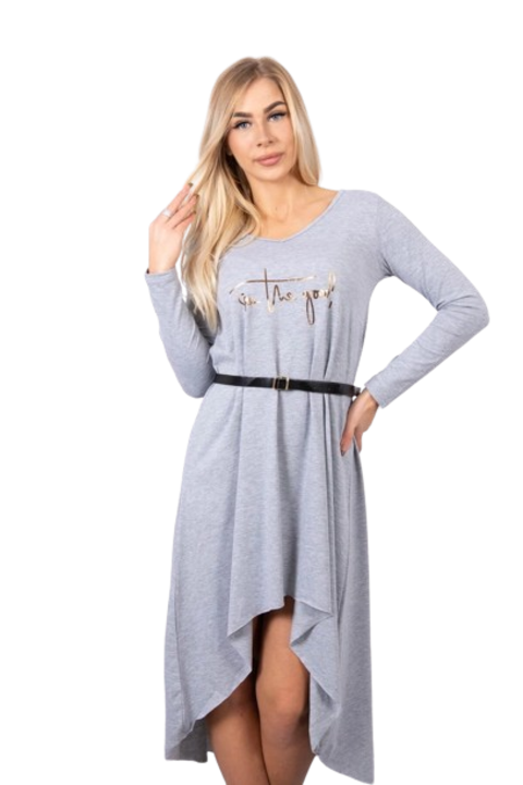 Рокля с декоративна лента и надпис, сива, универсални размери