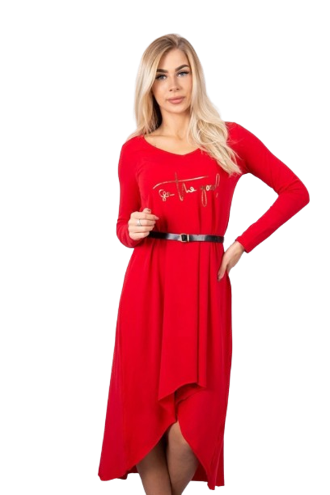 Червена рокля с декоративна лента и надпис, червена, памучна, универсални размери