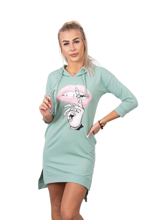 Рокля с цветна щампа, с качулка, тъмно зелена, универсален размер