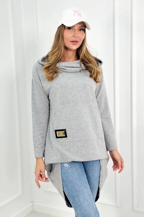 Hanorac dama, spate lung, gluga, gri, bumbac-elastan, productie Turca, One Size INTL