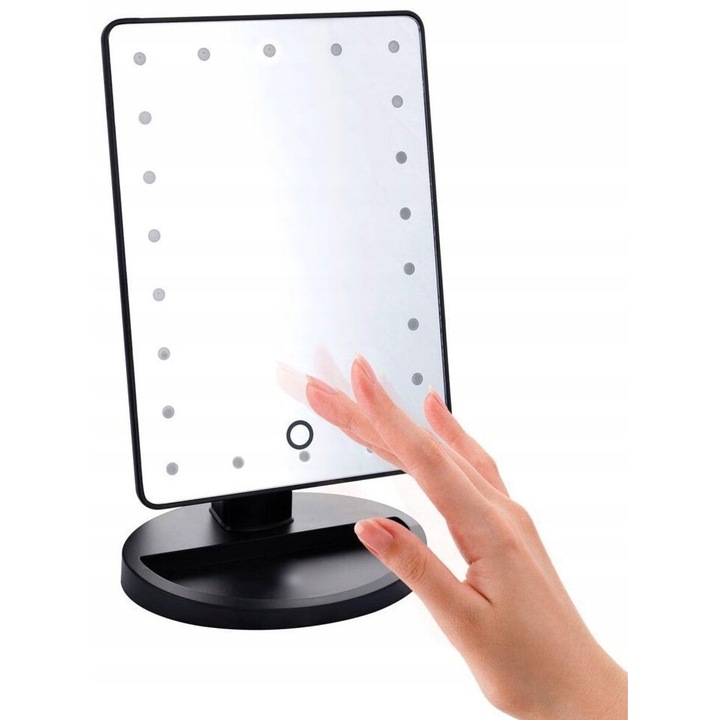 Oglinda cosmetica LED cu iluminare, Volan, 22 LED-uri, cu picior, Negru