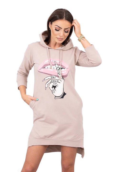 Рокля с цветен принт, с качулка, бежова, универсални размери