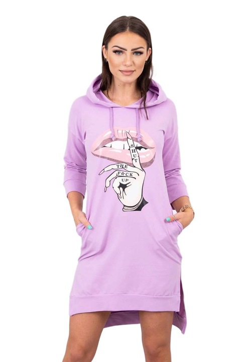 Рокля с качулка, цветна щампа, лилава, универсални размери