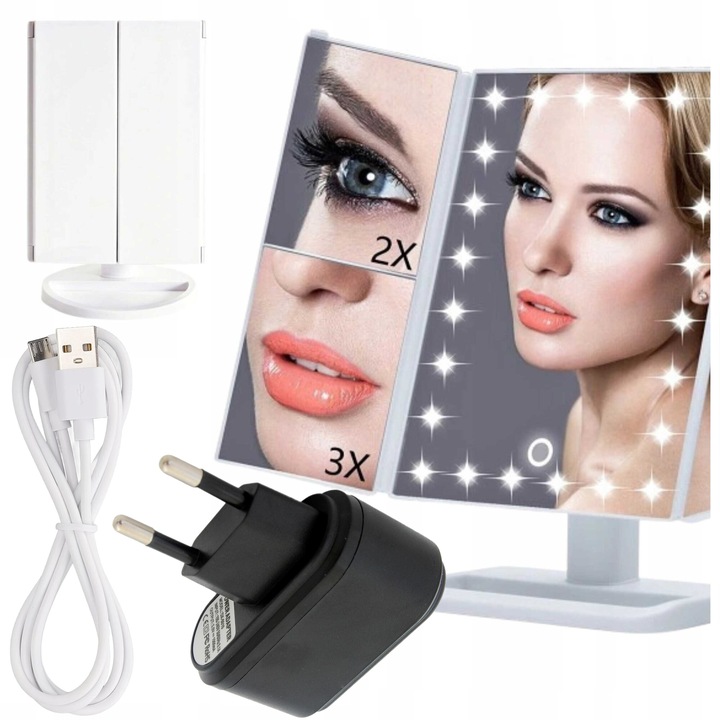 Oglinda de machiaj LED cu iluminare, Volan, 22 LED-uri, Pivotare 180 grade, Cu picior, Alimentare USB, Alb