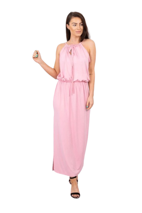 Бохо дълга рокля с вързано деколте, розова, един размер за всички