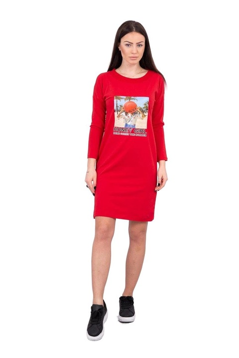 Рокля с щампа и изрезки на раменете, памук/еластан, червена, One Size INTL