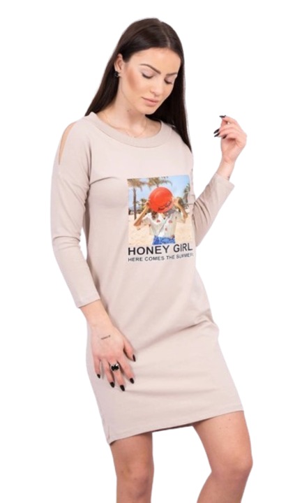 Рокля с щампа и изрезки на раменете, памук/еластан, бежова, един размер INTL