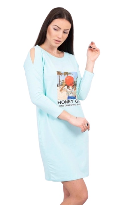 Рокля с щампа и изрезки на раменете, памук/еластан, синя, One Size INTL