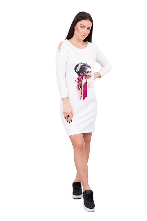 Дамска рокля с щампа и панделка, памук/еластан, бяла, One Size INTL