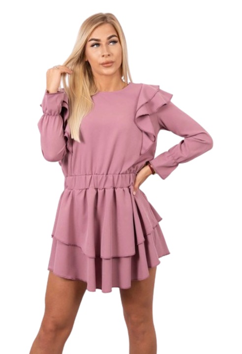 Дамска рокля с дълги ръкави и волани, памук/еластан, розова, One Size INTL