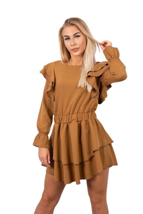 Дамска рокля с волани, памук/еластан, камила, един размер