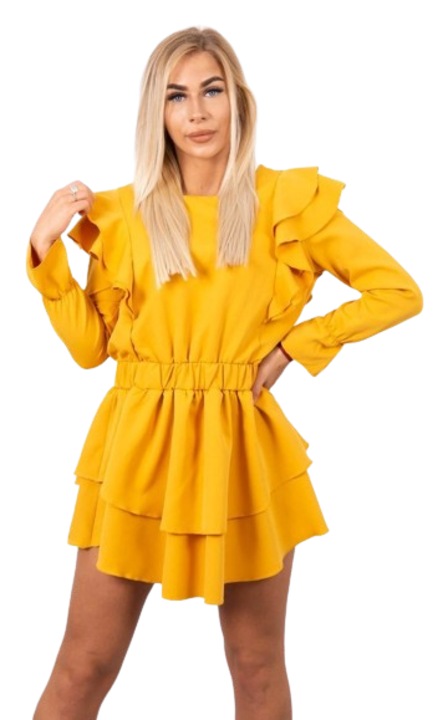 Дамска рокля с волани, памук/еластан, жълта, One Size INTL