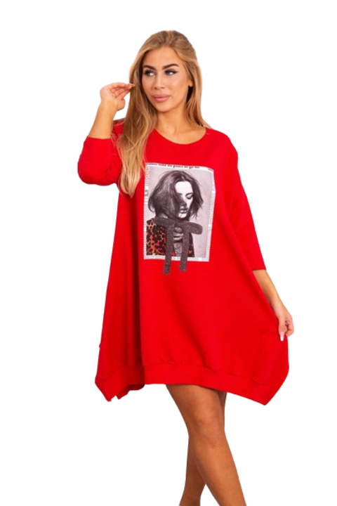 Дамска рокля, Памук/Еластан, Червена, Един размер