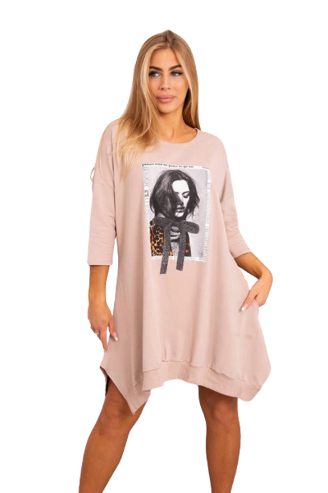 Дамска рокля, Памук/Еластан, Бежова, Един размер