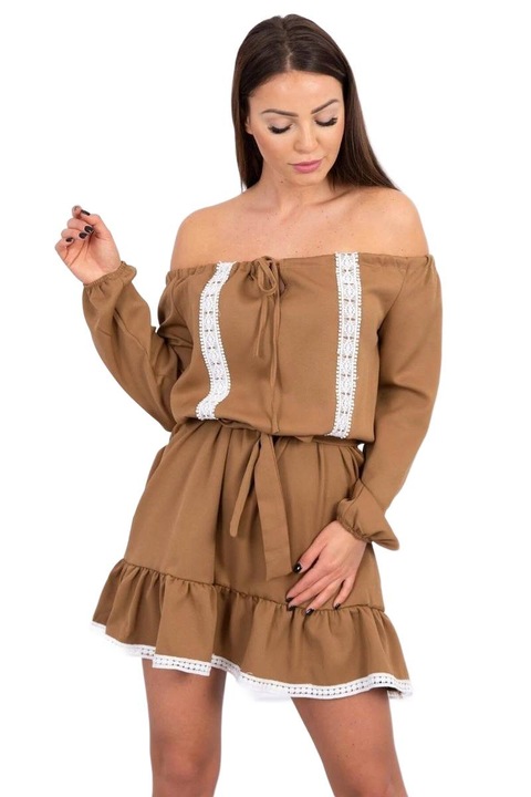 Дамска рокля с отворени рамене, полиестер/ликра, камила, един размер