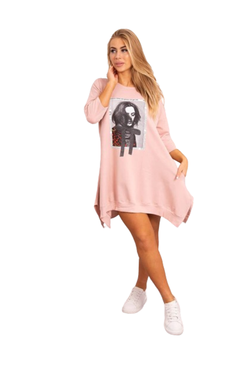 Дамска рокля, Памук/Еластан, Пудрово розово, Един размер