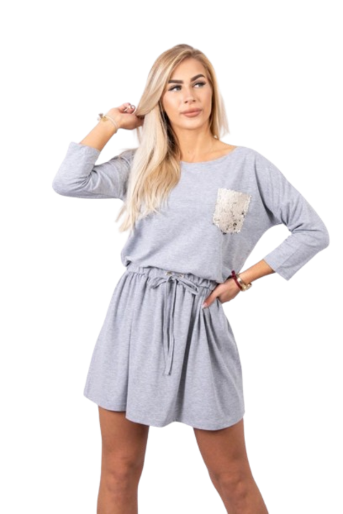 Дамска рокля с джоб, Памук/Еластан, Сива, Един размер