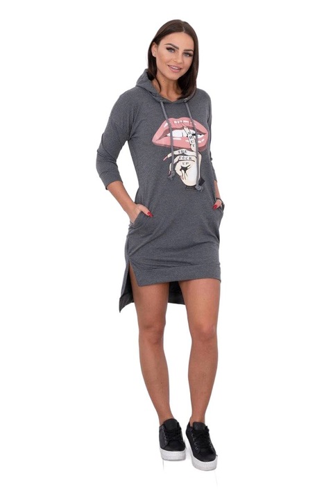 Рокля с цветен принт, сива, памучна, универсален размер