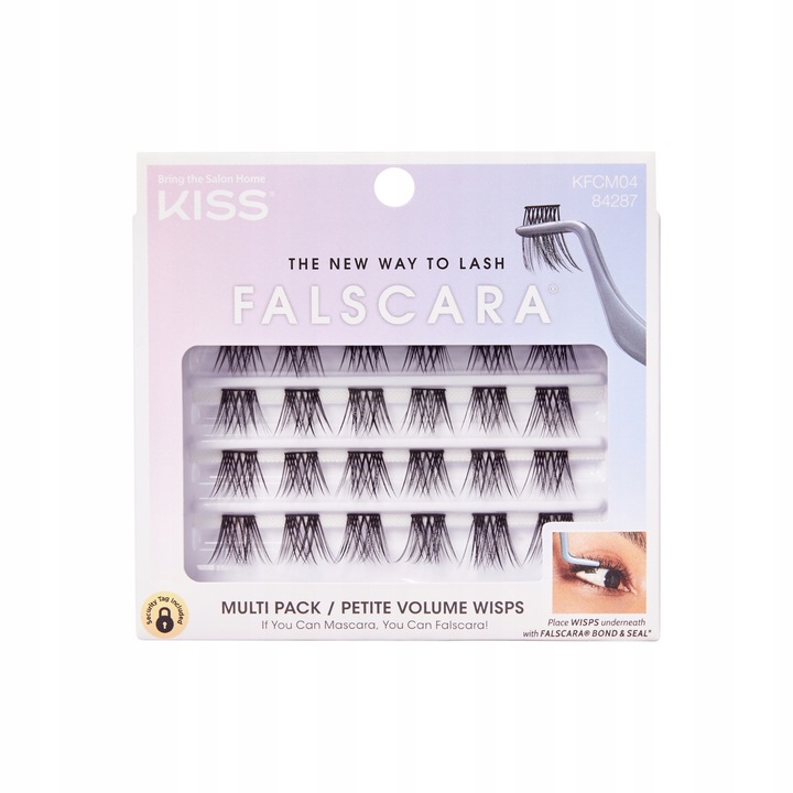 Set complet gene false smocuri individuale Kiss Falscara KFCM04C, 24 bucati, 3 dimensiuni (S, 2x M, L), efect natural, volum uimitor, rezistent la apa, aplicare sub gene, reutilizabil, negru
