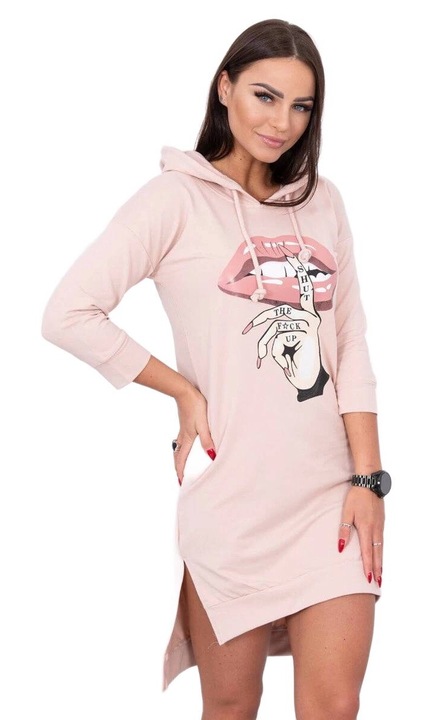 Рокля с качулка, цветен принт, памук, розово, един размер INTL