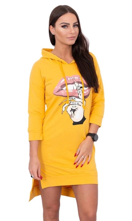 Рокля тип суичър с щампа, памук/еластан, жълто, един размер INTL