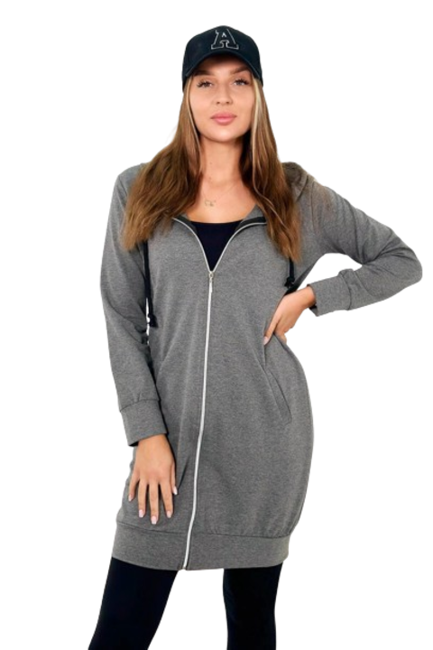 Hanorac dama, grafit melanz, lung, cu gluga, bumbac, marime universala