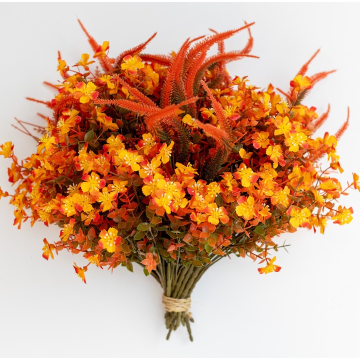 Set 8 Buchete Flori Artificiale Gradina Toamna, ARKOTEX, Rezistente UV, Plastic, Portocaliu, 35cm Inaltime