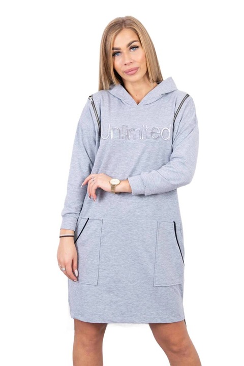 Дамска рокля с качулка, памук/еластан, сива, универсален размер