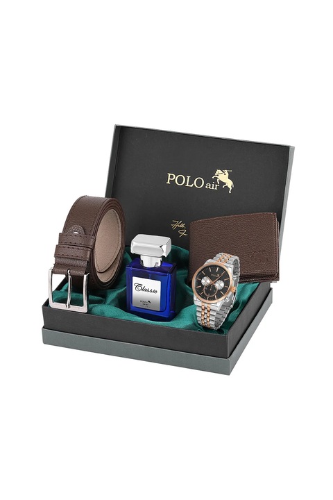 Мъжки подаръчен комплект, колан, часовник, 55 мл парфюм, портфейл, Polo Air, кафяв