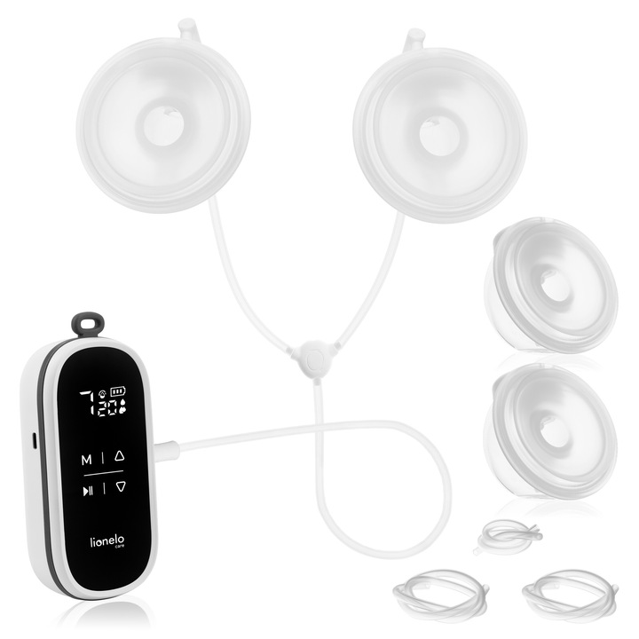 Lionelo Twee Free dupla elektromos mellszívó, kihangosító, 3 üzemmód, 9 teljesítményfokozat, 2 héj 150 ml, szünet funkció, automatikus kikapcsolás 30 perc után, akkumulátor autonómia 120 perc, univerzális tölcsérek 24 mm, könnyen tisztítható