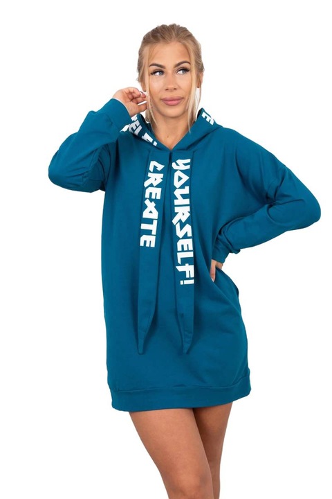 Рокля с качулка, Oversize, Щампа, Зелена, Универсална