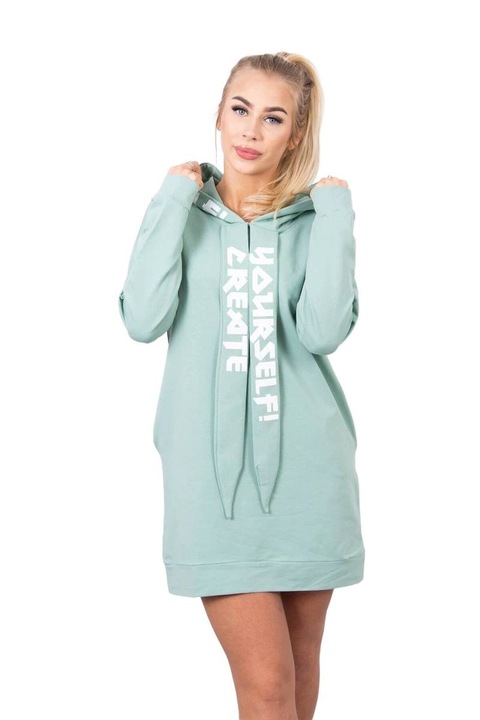 Дамска рокля с качулка, oversize, тъмнозелена, памук/еластан, един размер