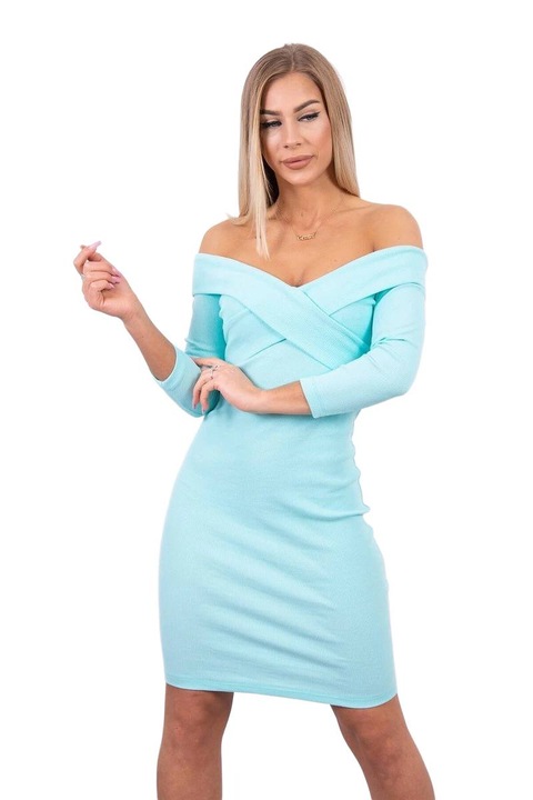 Вталена рокля, Памук, V-образно деколте, Ментово зелено, Универсален размер