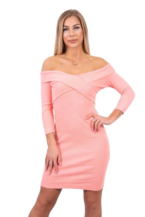 Вталена рокля, V-образно деколте, праскова, универсални размери