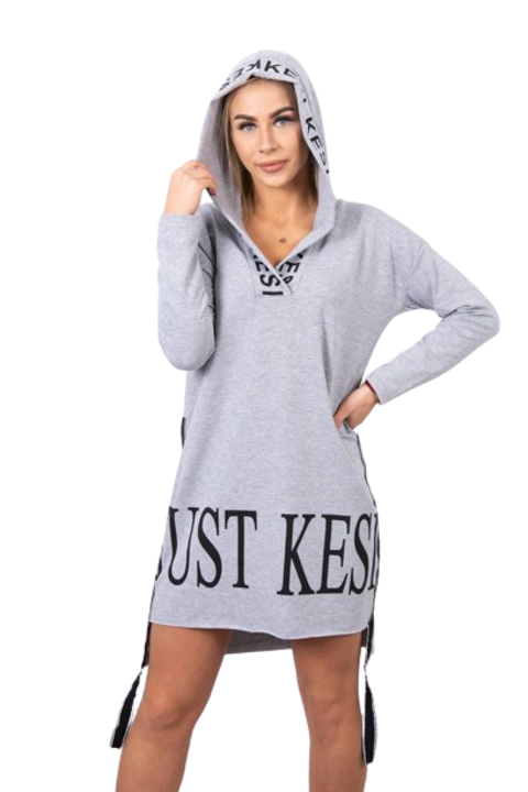 Рокля с качулка, сива, един размер за всички, щампа, 54x85см/55x95см