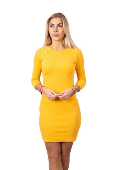 Рокля с декоративни копчета, жълта, универсален размер