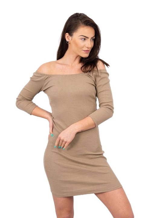 Вталена рокля, камел, универсален размер, 90% памук, 10% еластан