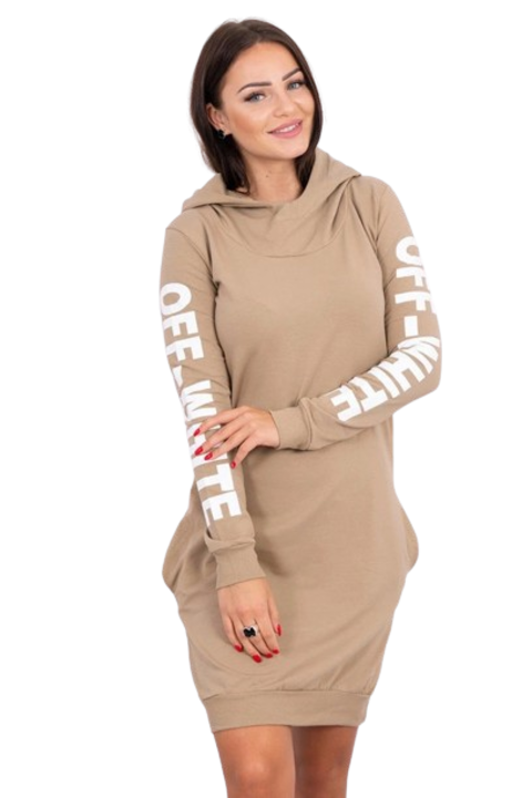 Рокля с качулка, с джобове, бежова, памук-еластан, Един размер INTL