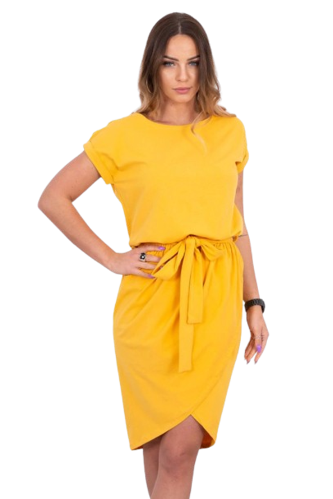 Рокля в цвят горчица с вързана талия и панделка, памучна, универсален размер