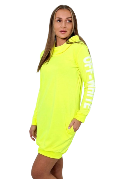 Рокля с качулка, надпис, джобове, жълта, 90% памук, One Size INTL