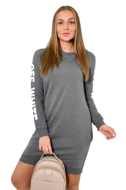 Rochie cu gluga, inscriptie alb murdar, buzunare, bumbac, gri, One Size INTL