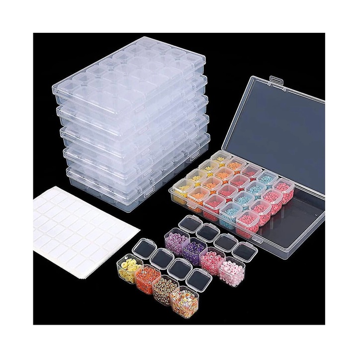 Set 6 cutii depozitare pentru pictura cu diamante, 28 grile, 400 etichete, 6.7"x4.2"x1"