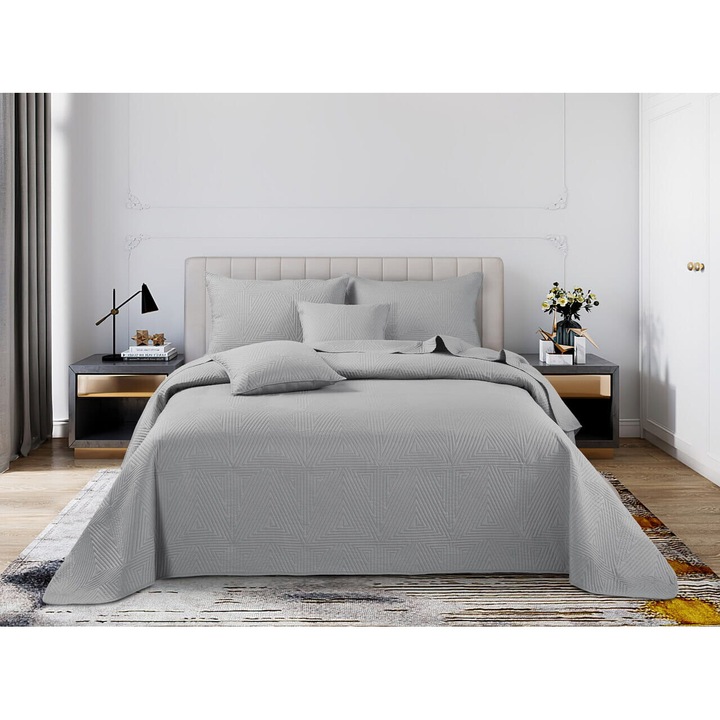 Cuvertură Matlasată Spod Igły i Nitki Trio, Catifea, Gri, 140x200 cm