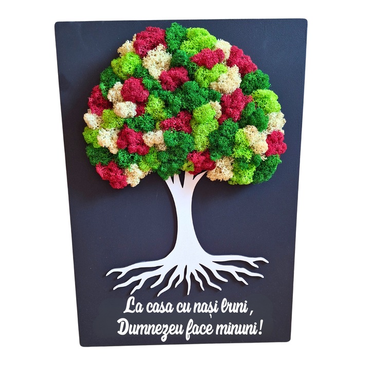 Tablou din lemn - La casa cu nasi buni...! - v3 decorat cu licheni stabilizati verde-visiniu, 21x30 cm