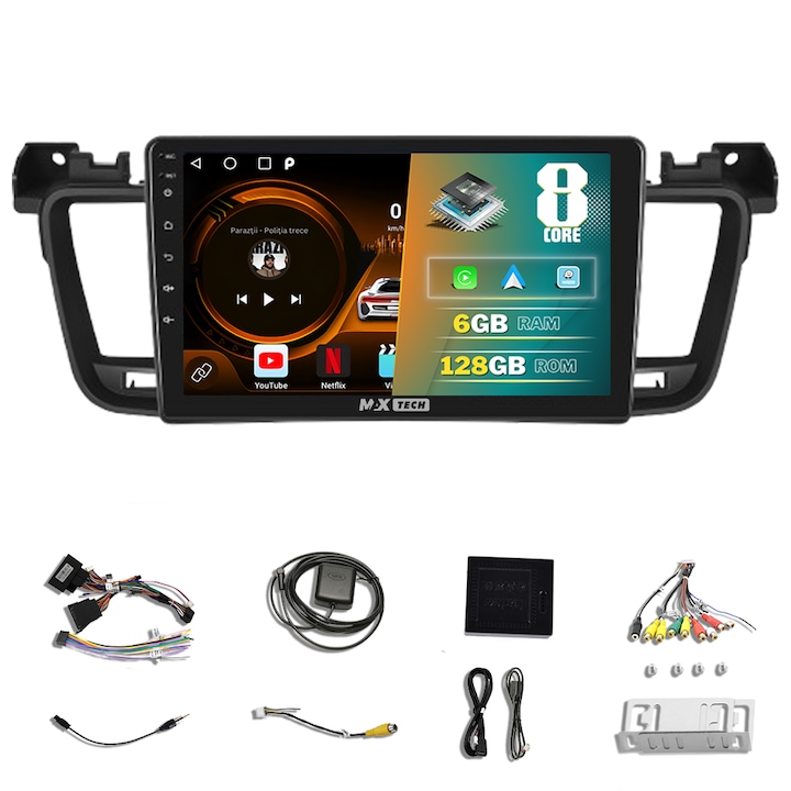 Navigatie Peugeot 508 2010 - 2018 dedicata Android, MaxTech®, Android 13, ecran de 9 inch, 6 GB Ram 128 GB, Octa-core, functii GPS, Carplay, DSP, EQ, Radio, Mirrorlink, WIFI, Bluetooth, Waze, Airdrop