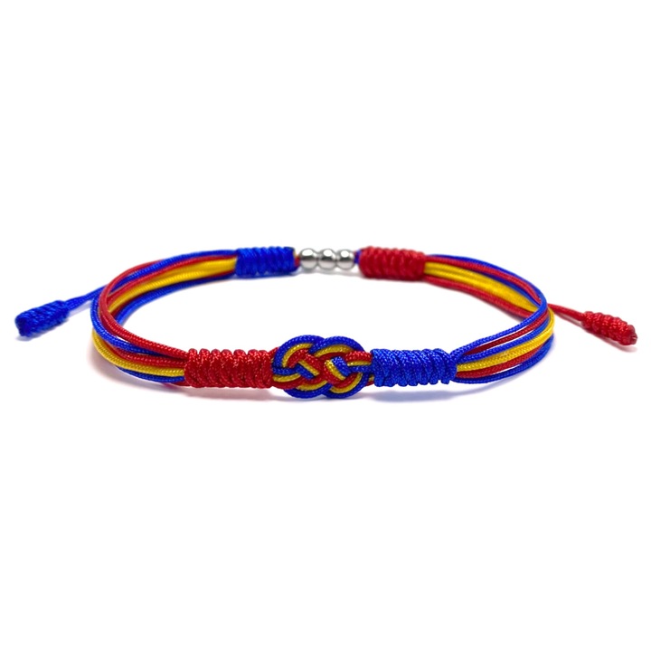 Bratara handmade cu simbol infinit, culori steag romanesc, ajustabila, textil