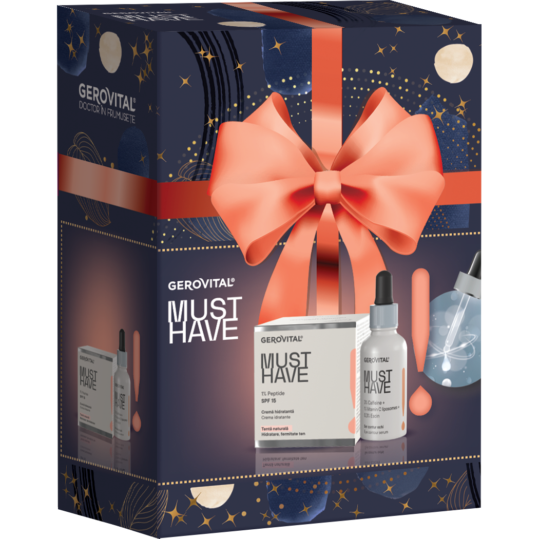 Pachet cadou Gerovital Must Have: Ser Contur Ochi, 30ml + Crema Hidratanta cu 1% Peptide SPF15, 50ml